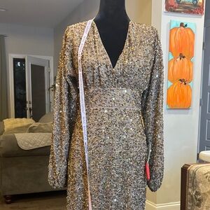 Mac Duggal Metallic Long Sleeve Dress
